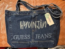 hyunjin x guess jeans tote bag engraving on the front and on the back pocket
