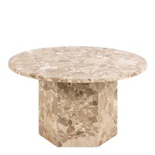 Round Marble Coffee Table - Travertine Stone Centrepiece with Hexagonal Base