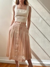 Vintage Light Pink Linen Pleated Midi Skirt