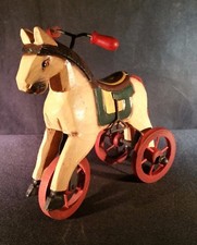 Antiqued carved wood tricycle horse hand painted c1970
