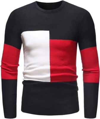 Mens Stylish Lighweight Color Block Geometric Pattern Long Sleeve Slim Fit Knit