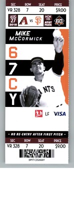 Arizona Diamondbacks vs San Francisco Giants 8/27/2018 Ticket - Mike McCormick
