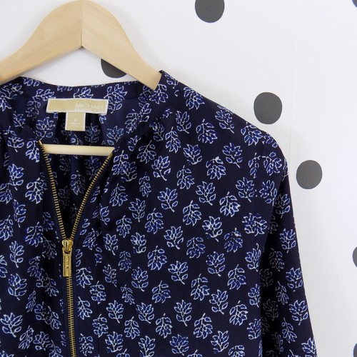 Michael Kors Womens Popover 3/4 Sleeve Blouse Top Size 4 Half Zip Floral Blue - Picture 3 of 6