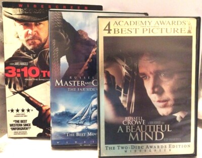Lot of 3 Russell Crowe DVDs-  Beautiful Mind, Master and Commander, 310 to Yuma