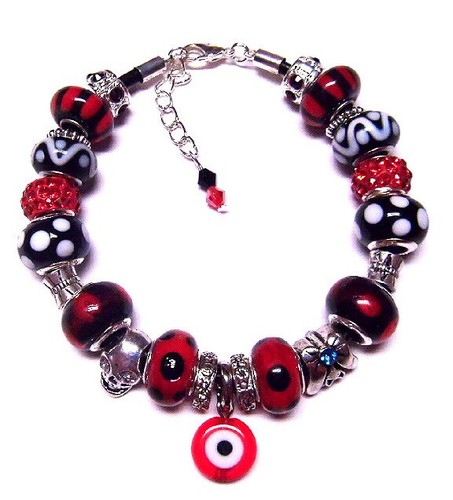 RED BLACK EVIL EYE SKULL BAT EUROPEAN MURANO GLASS BEAD CHARM BRACELET - Picture 2 of 4