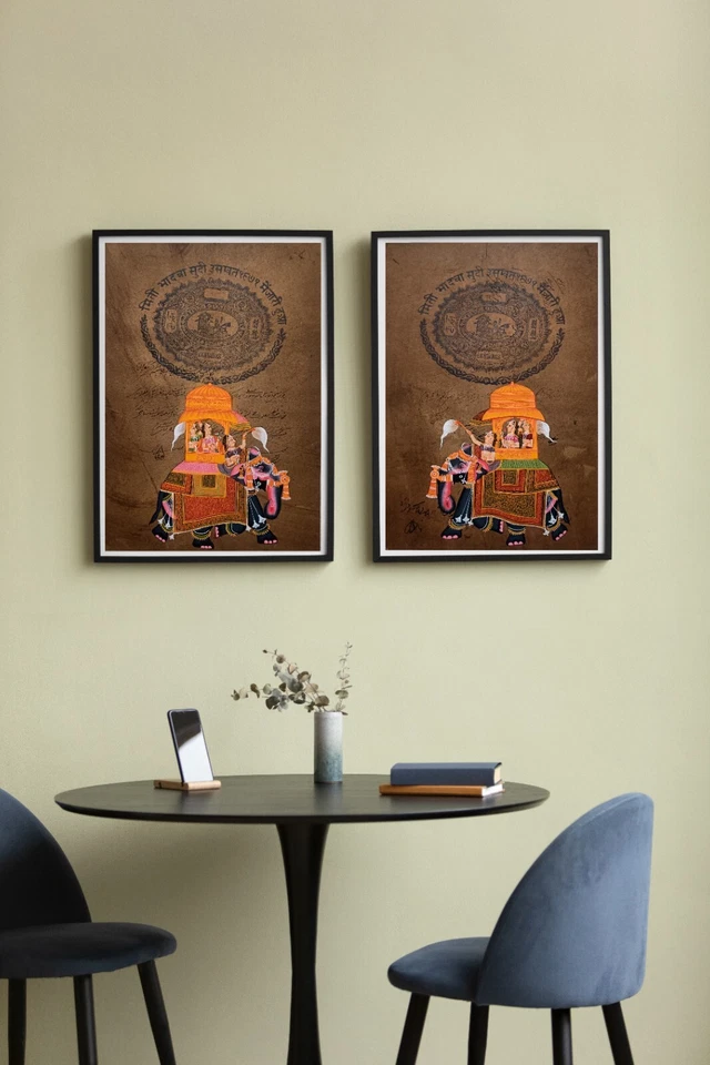 Set of 2 Elephant Safari By Traditional Women Miniature Painting on Paper Stamp - Image 2 of 4