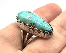 Navajo Handmade Stamped Bezel Sterling Silver Gem Turquoise Band Ring  Sz. 6.25