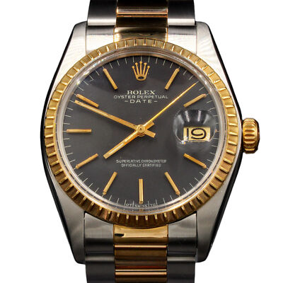 Rolex Date 1505 Mens 2Tone Yellow Gold & Stainless Steel Watch Black Dial
