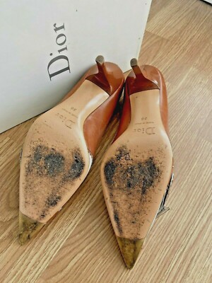 靴 Vintage Dior Leather Pumps 36 1/2 Vintage Dior Square Toe Gold Patent Leather Heels/Slings