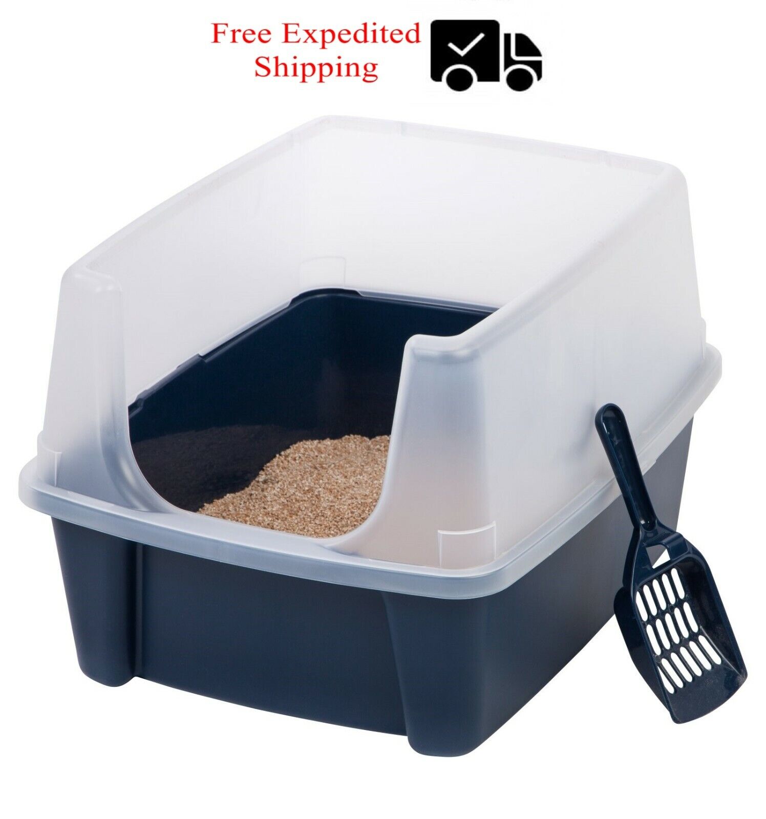 IRIS USA Open-Top Cat Litter Box with Shield and Scoop, Navy, Best Pice, New