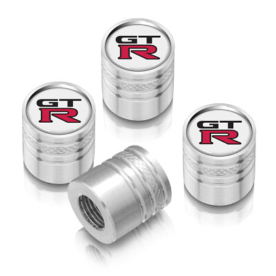 for Nissan GT-R White on Silver Aluminum Cylinder-Style Tire Valve Stem Caps