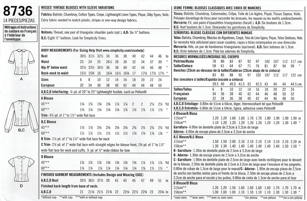 Simplicity Patron De Couture 8839 Tops H5 (34 36 38 40 42