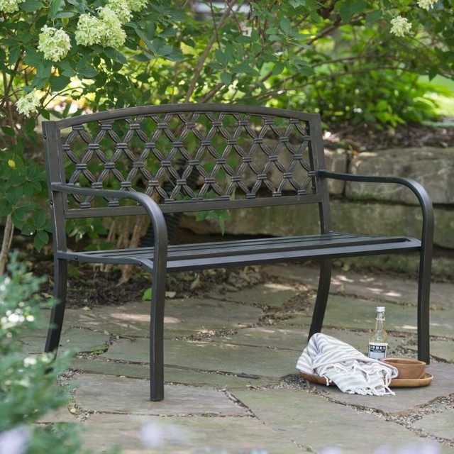 Metal Garden Bench Antique Gold Curved Back Outdoor Decor Patio