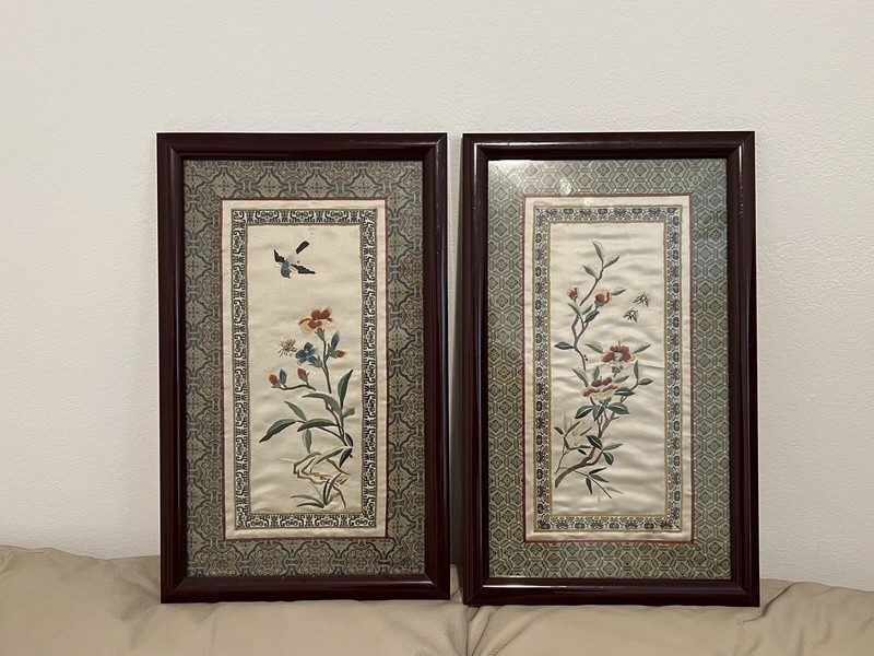 Pair of Vintage Chinese Silk Embroidery Panels Matted Framed Flowers & Birds