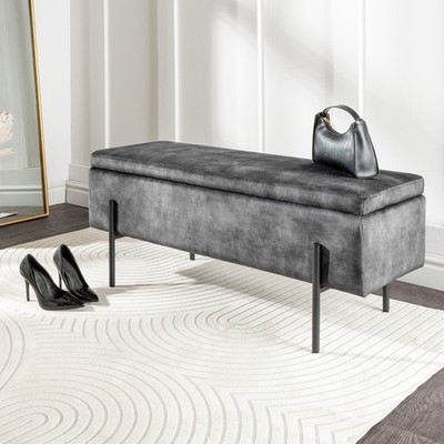 Truhenbank LOFT 100cm grau Samt Sitzbank mit Stauraum gespolstert schwarz Metall