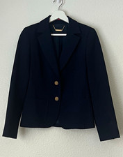 Trina Turk Yin Blazer Navy Blue Suit Jacket Womens 4 Gold Crest Button Crepe