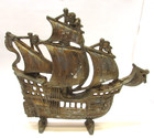 Old 1930s Rare Cast Aluminum Gold Patina 11" Tall Sailing Ship Antique Doorstop — photo 1