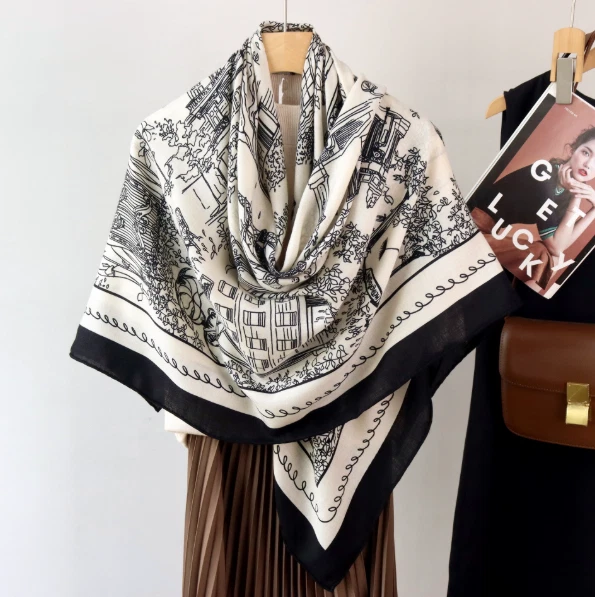 70% 羊绒 30% 真丝围巾 Bandann 53 英寸方形黑色房子印花披肩裹巾全新 — 第 3/4 张图片