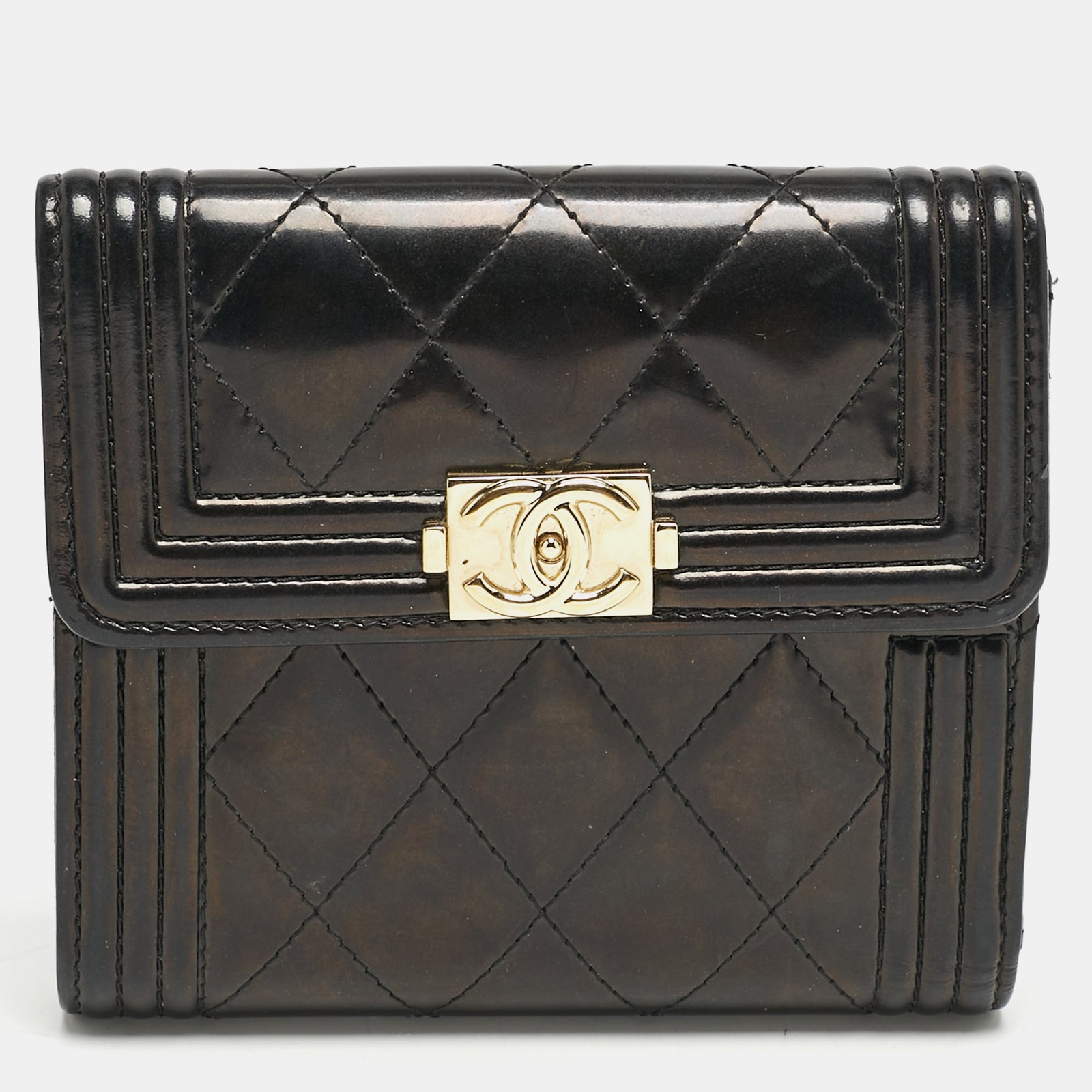Chanel Black Quilted Patent Leather Boy Compact Wallet