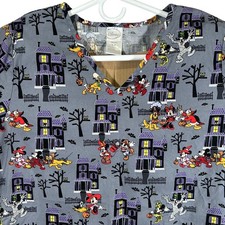 Disney Scrub Top Halloween Mickey Mouse Minnie Haunted House Grey Size Large