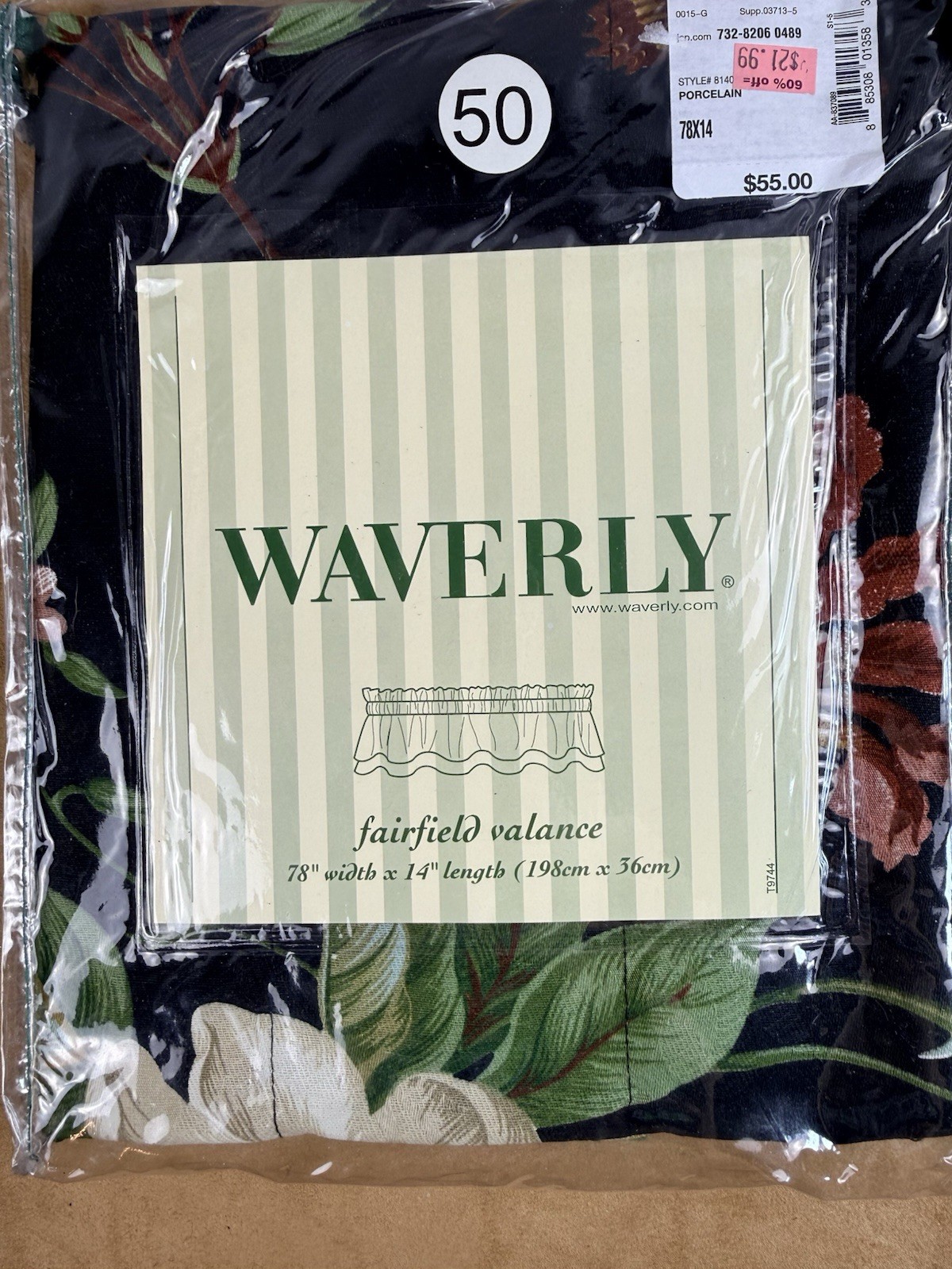 WAVERLY Fairfield Valance Nassau Vine Porcelain 14 x 78” Black Green Floral New