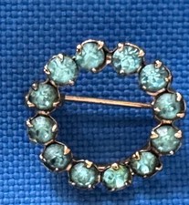 Vintage Round Ring  Aquamarine Gems Rhinestones Brooch Pin Gold C-Clamp