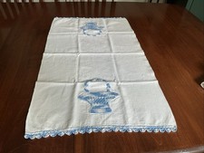 Linen Blue Basket Crocheted Edge Kitchen Towel 16x28 Granny Core See Photos