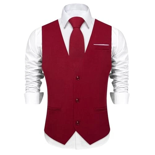  Mens Linen Suit Vest Casual Waistcoat and Necktie & Pre-tied Large Wine Red - Image 2 of 4