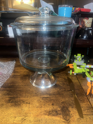 Vintage Anchor Hocking Large Clear Glass Footed Trifle Bowl 8 X9 w/ Lid