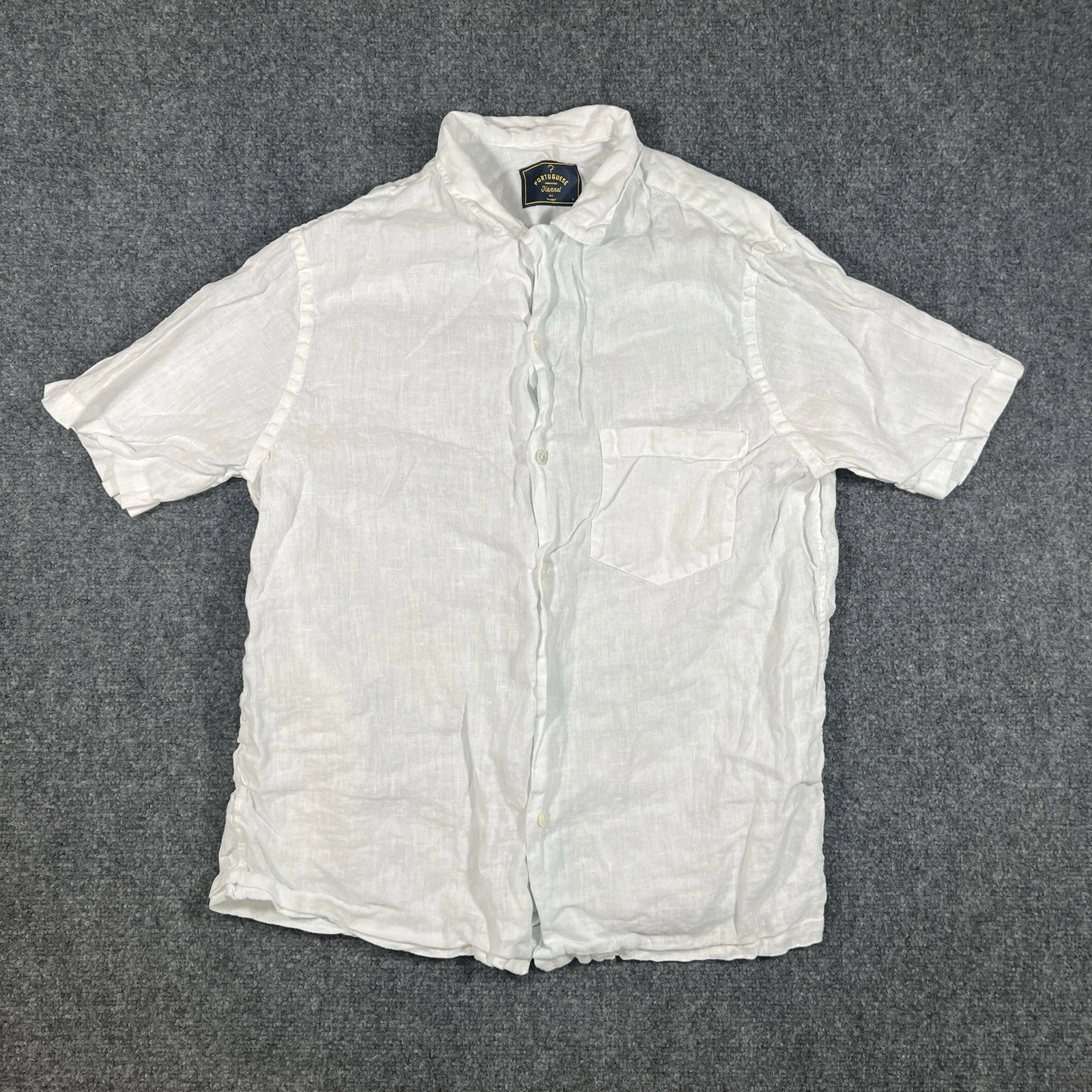 Portuguese Flannel 100% Linen Camp Shirt Mens White Button Loop Collar Button L