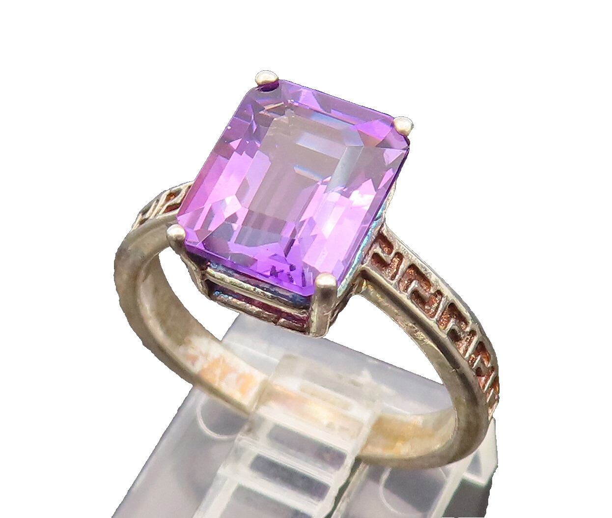925 Silver Vintage Rectangle Amethyst Greek Key Shank Ring Sz 7 RG26485 ...
