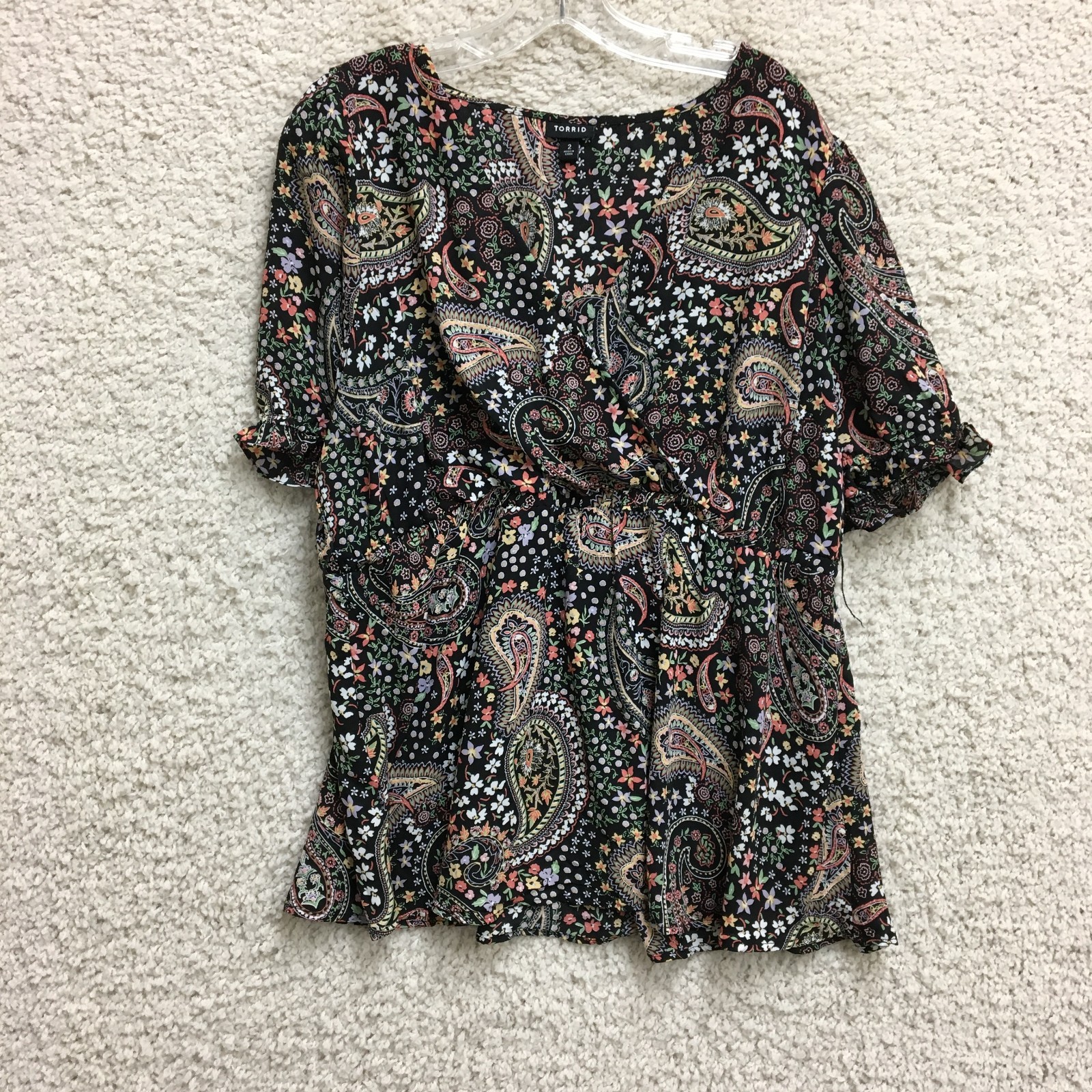 Torrid Top Shirt 2X Adult Plus Black Floral Paisley V Neck Blouse Boho Womens
