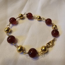 Bracelet Vintage Plaqué Or Perles Cornaline Longueur 21,5 Cm