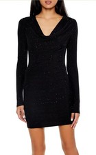 Forever 21 Black Glitter Cowl Neck Long Sleeve Bodycon Mini Dress M Women