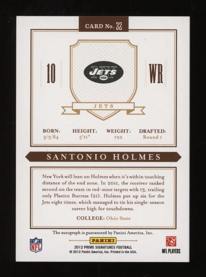 2012 Santonio Holmes Panini Prime Signatures Auto Autograph #03/10 *NICE* - Image 2 of 2