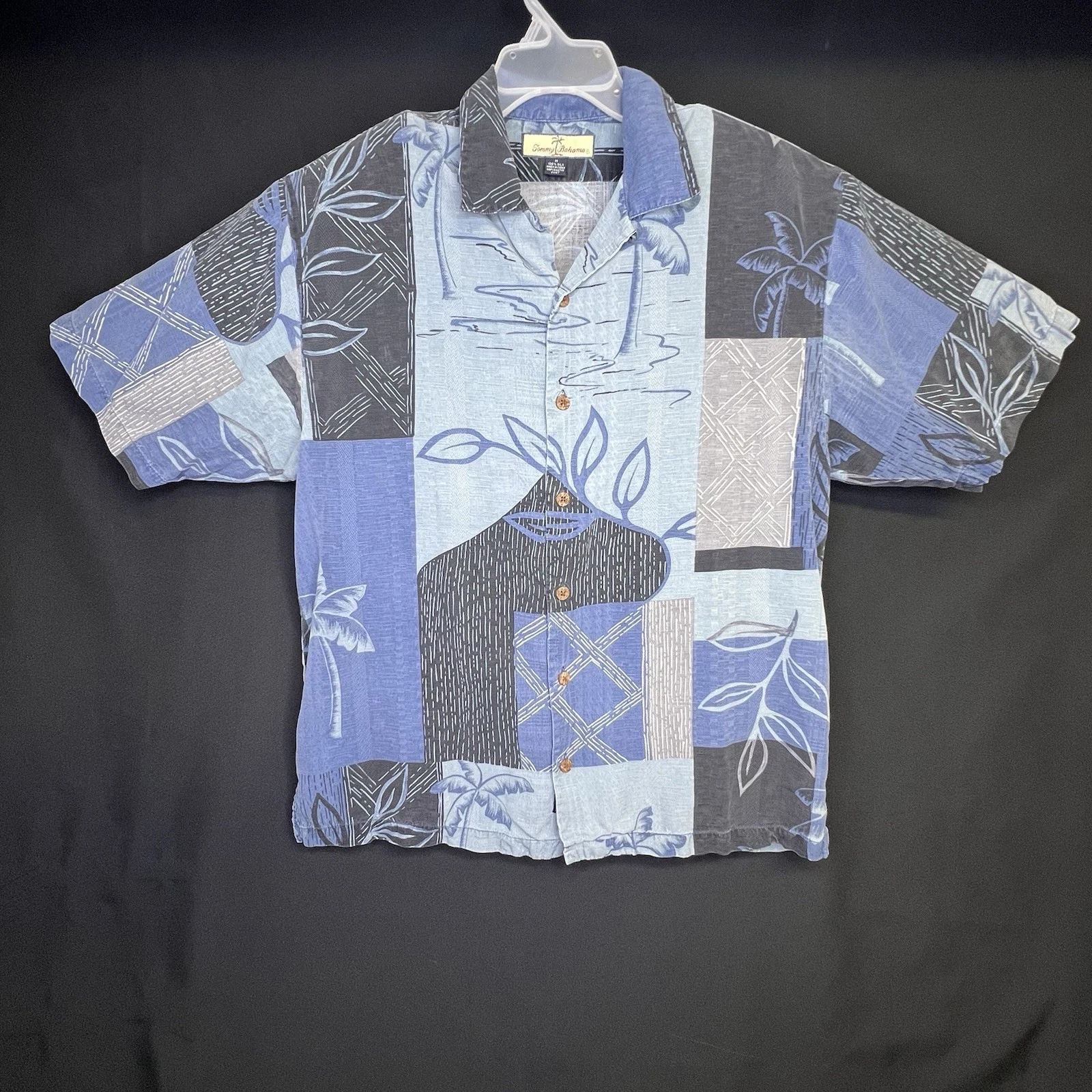 TOMMY BAHAMA 100% Silk Hawaiian Shirt MEDIUM Blue Patchwork Floral Back Graphic