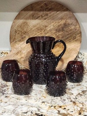 Vintage Italian Bohema Purple Hobnail Bubble Pitcher & 4 16 oz Drinking Glassess