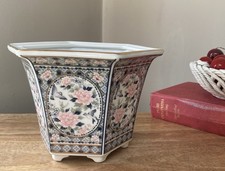 Hexagon Chinese Chinoiserie Porcelain Planter Floral Pastels & Birds Planter Pot
