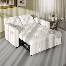 55" White Sleeper Sofa 3 in 1 Convertible Sofa Bed Loveseat Linen Futon Couch