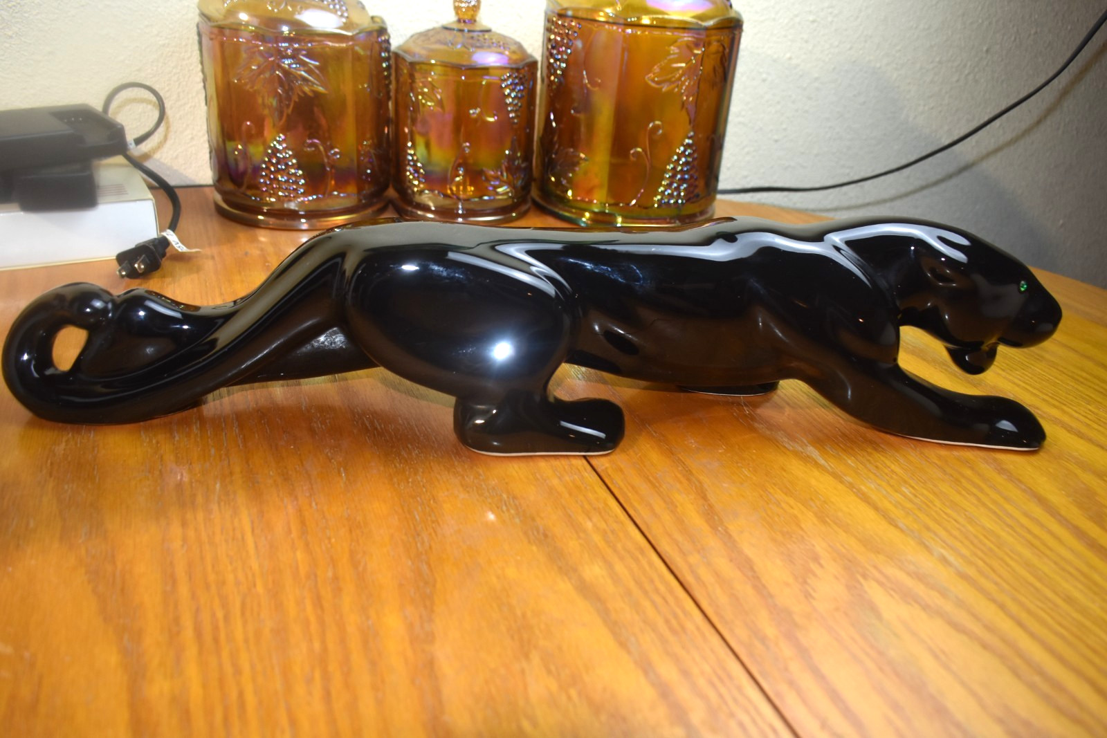 Vintage MCM EMERALD RHINESTONE EYES Black Ceramic Panther Figurine 20.5"