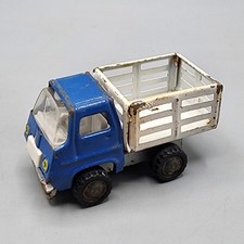Vintage 1960s Pressed Steel Toy Truck   Blue Cab White Stake Bed   Made in Japan