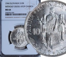NGC MS-64 SLOVAKIA SILVER 10 KORUN 1944 (VAR. 2: NO CROSS) POP: 11/4
