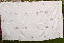 Vtg Ivory Linen Dinner Cloth Tablecloth Taupe Hand Embroidery  Cutwork 98 x 60