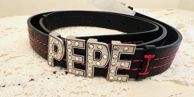 NWT Sz XL Pepe London Genuine Italian Leather Blk Pink Women's Belt Rhinestones