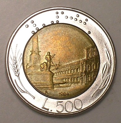 1984 Italy Italian 500 Lire Italia Bimetal Coin XF