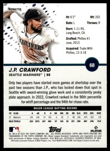 2023 Topps Pristine J.P. CRAWFORD REFRACTOR #68 MARINERS - Picture 2 of 2