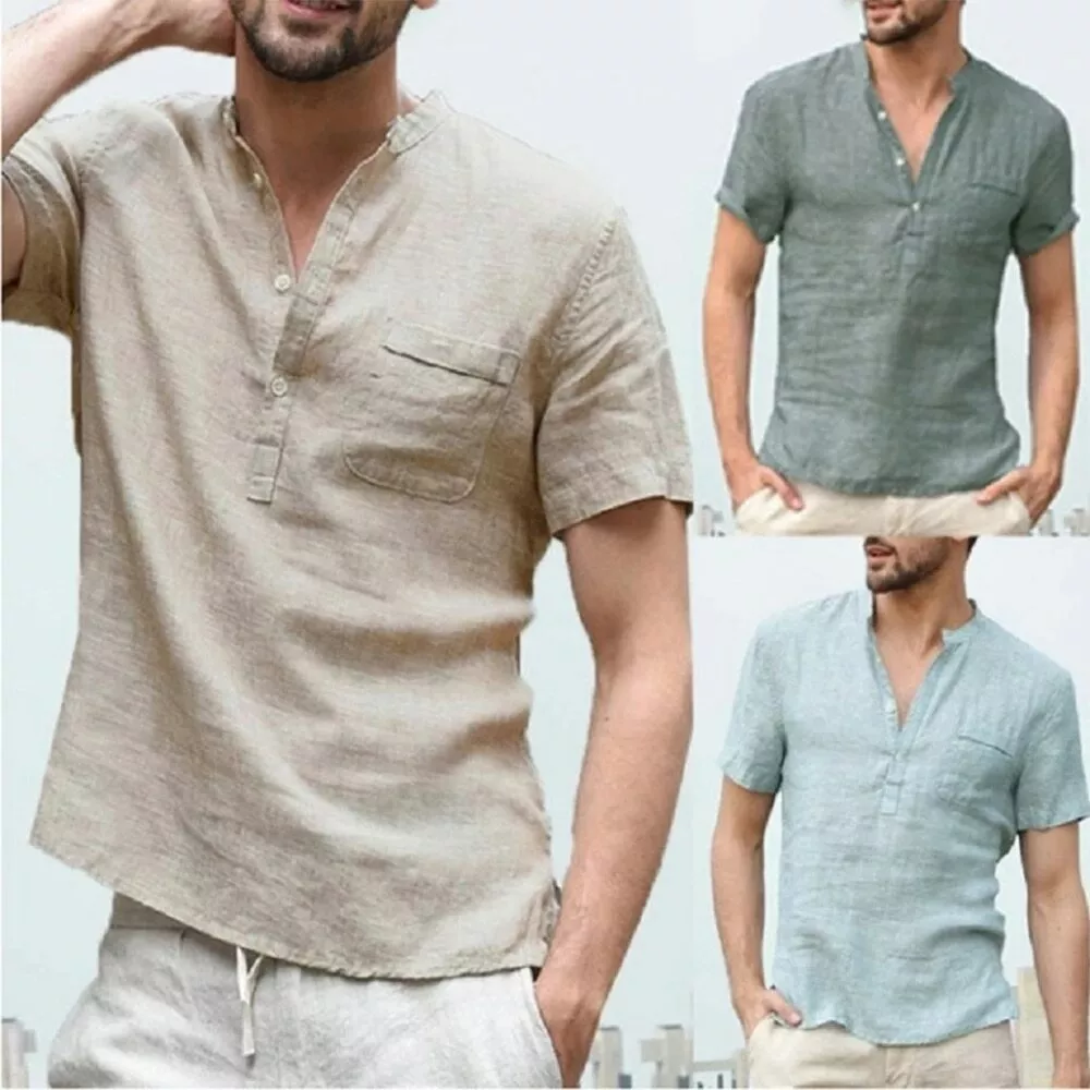 Camisetas De Lino Con Cuello De Pico Para Hombre Camisas Bandage De Manga  Larga