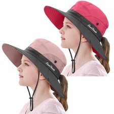 2 Pieces 5-14Y Kids Summer Sun Hat Wide Brim UV Protection for Girls Ponytail...