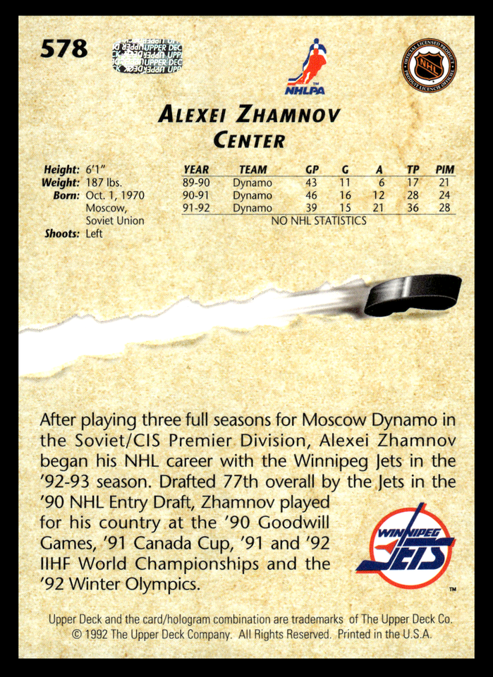 1992 Upper Deck Alexei Zhamnov 578 Winnipeg Jets NHL Hockey Young Guns