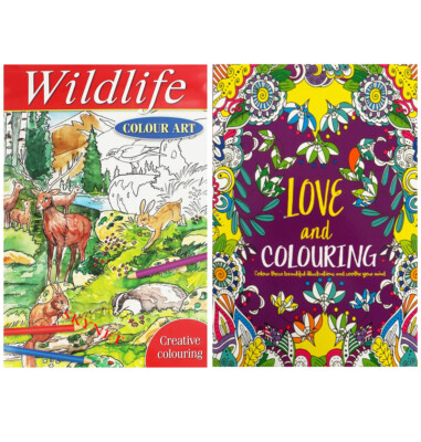 A4 LOVE & WILDLIFE Colouring Books Set of 2 COLOUR THERAPY BOOK ART DOODLE